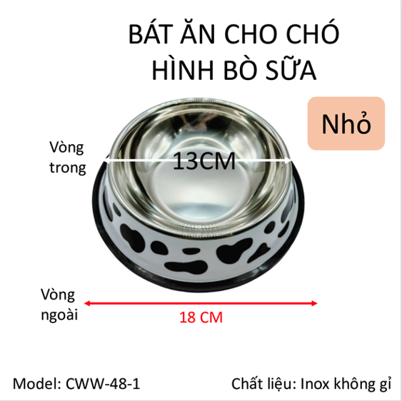 Bát ăn thú cưng, bát ăn chó mèo hình bò sữa, chất liệu inox an toàn sử dụng cho vật nuôi. Bát có 3 kích thước 18cm, 26cm, 34cm. Bát ăn size nhỏ 18cm