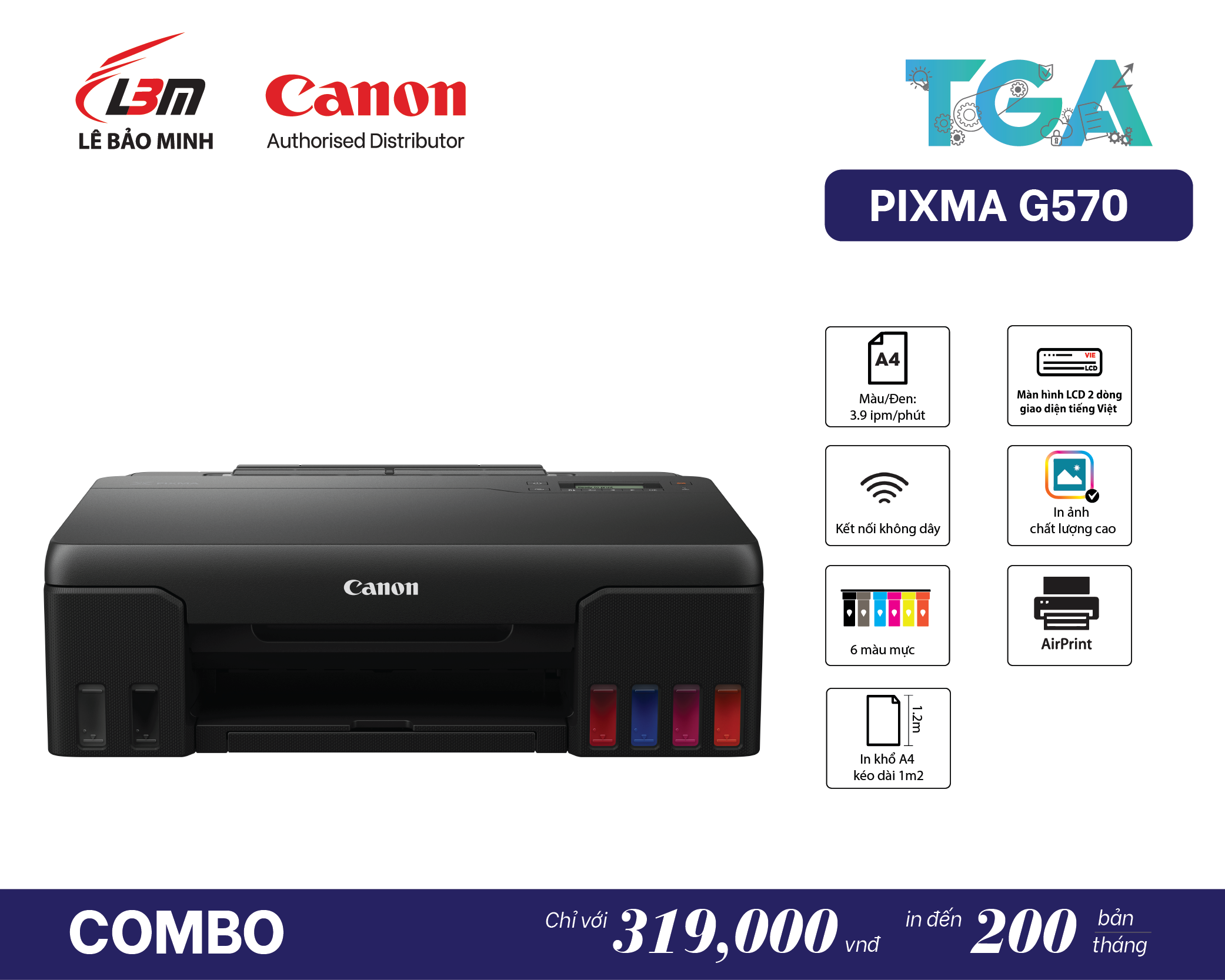 Máy In Phun màu Canon G570 kèm hợp đồng dịch vụ bảo hành trọn gói TGA- Hàng Chính Hãng