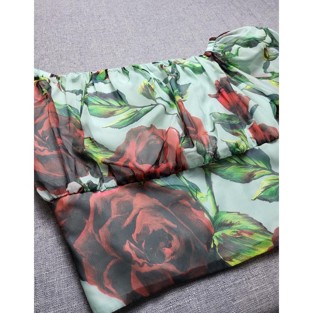 SHEAZ Set đầm xanh voan cao cấp, in hoa hồng, phong cách Hàn Quốc, đầm trễ vai, áo trễ vai, đầm dài
