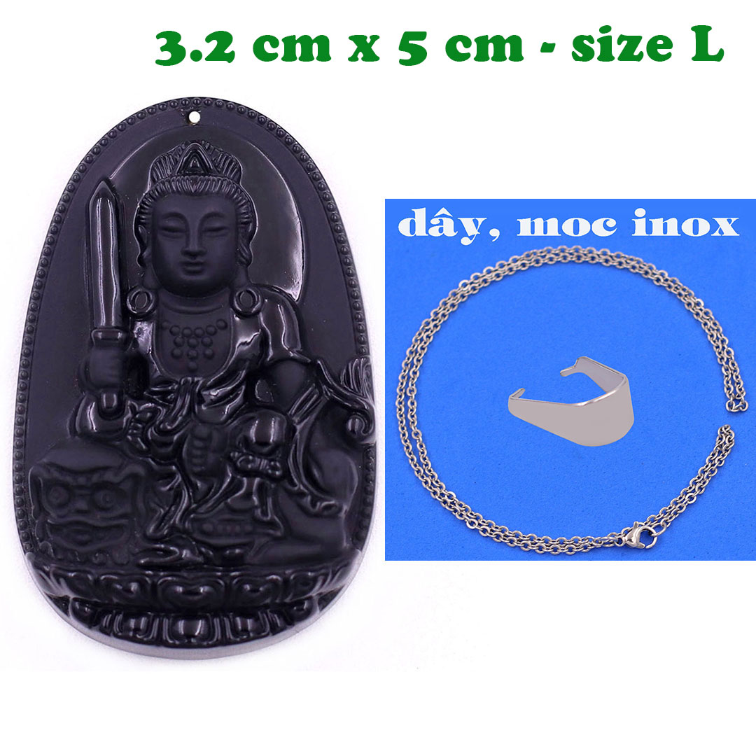 Mặt Phật Văn thù đá thạch anh đen 5 cm kèm dây chuyền inox - mặt dây chuyền size lớn - size L, Mặt Phật bản mệnh