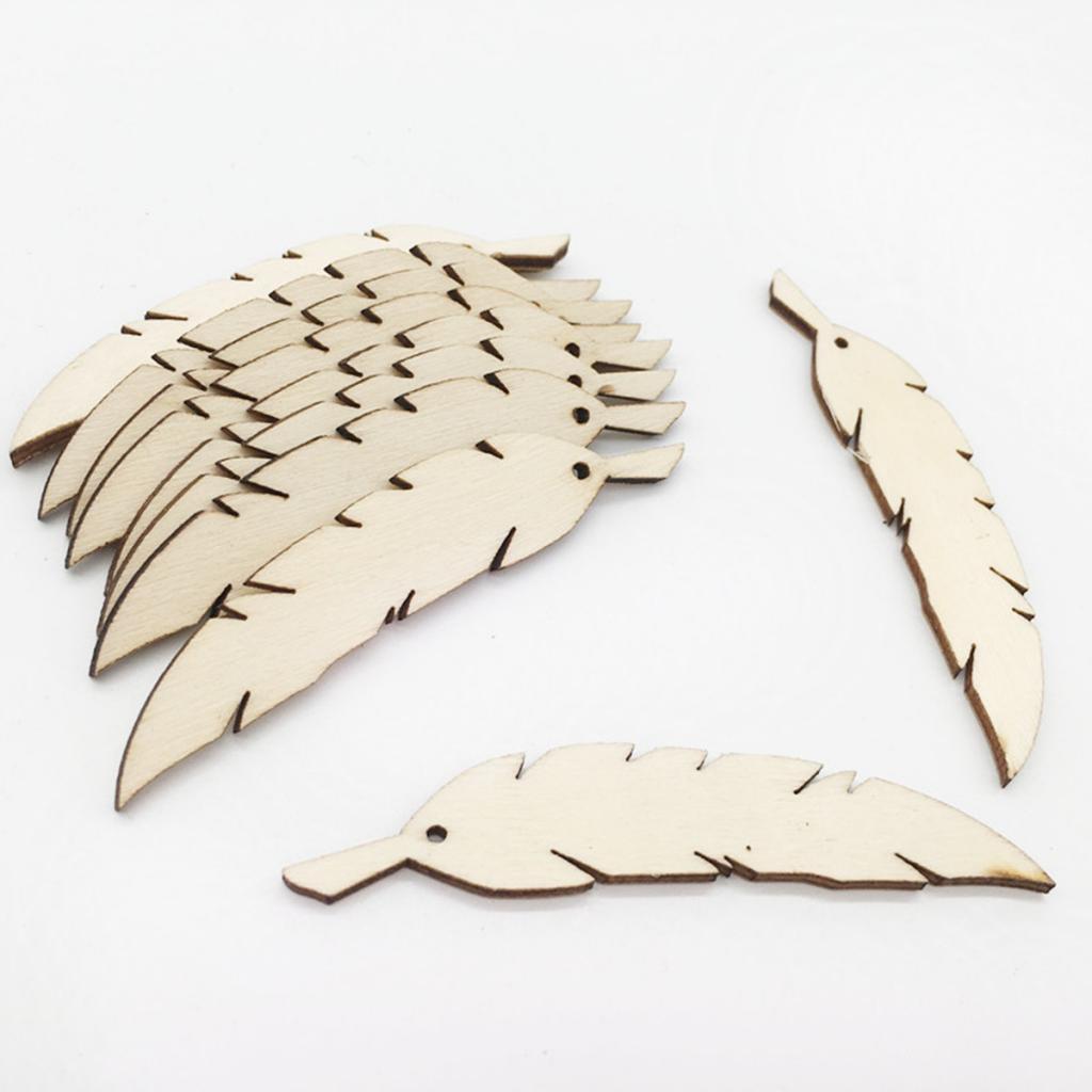 50pcs Natural Unfinished Wood Feather with Hole for DIY Pendants Ornament
