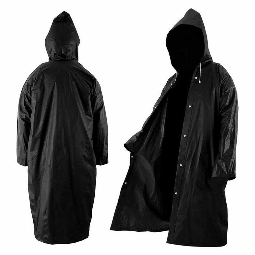 Women Men Fashion Solid Black Rain Poncho Long Sleeve Hooded Raincoat Jacket