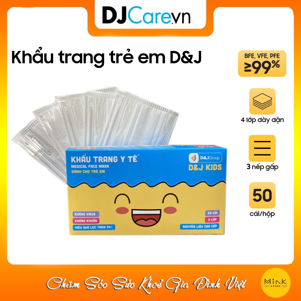 [HỘP - DJ KID] - khẩu trang y tế trẻ em kháng khuẩn 3 lớp D&amp;J Kid (50 cái/ hộp)