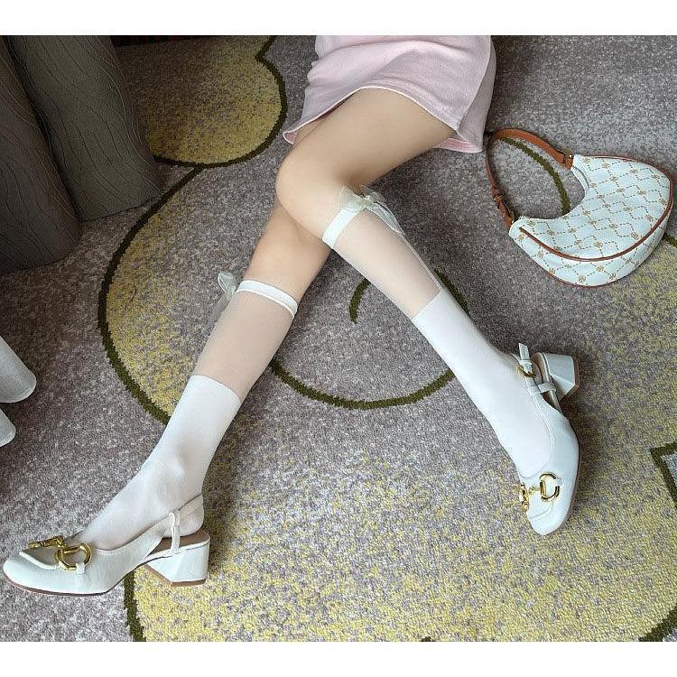Tất vớ cao đến bắp chân Viền Trong Suốt Đính Nơ phong cách thời trang Lolita Nhật Bản, cá tính cho nữ - khositatvo Voan Màu Đen
