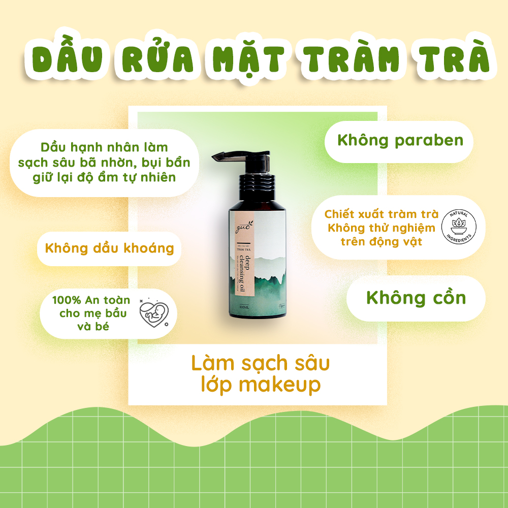 Dầu rửa mặt tẩy trang Tràm Trà giảm mụn an toàn cho bà bầu làm sạch 2 sâu lần GUO 100ml