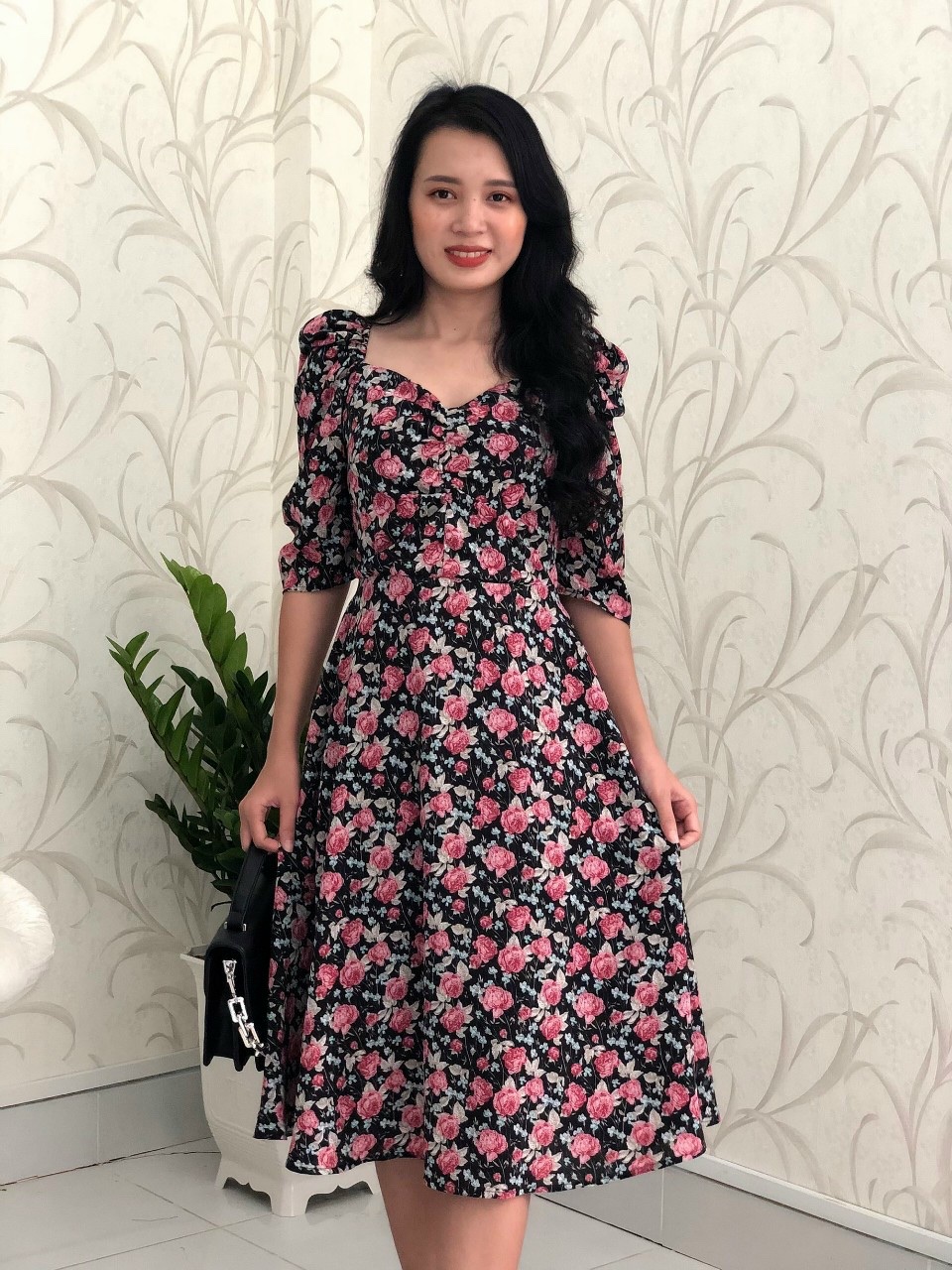 Đầm xòe voan hoa cổ vuông nhún ngực S&M GR192 - Hình thật do shop chụp