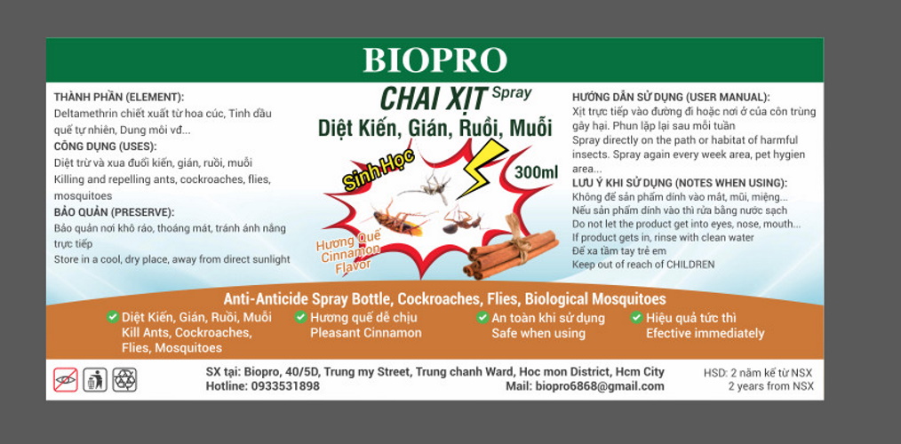 Thuốc xịt sinh học Diệt kiến Diệt gián Diệt ruồi Diệt muỗi Biopro Hương quế dịu nhẹ, an toàn, hiệu quả dài lâu