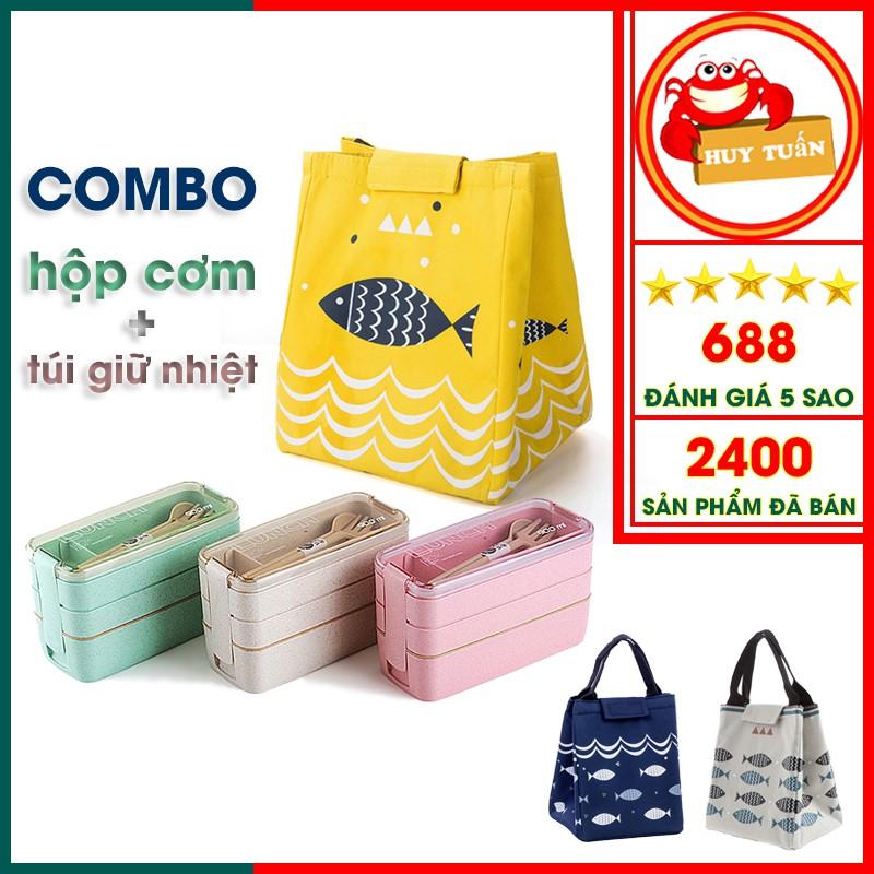 Set hộp cơm văn phòng 3 tầng bằng lúa mạch và túi giữ nhiệt hình cá