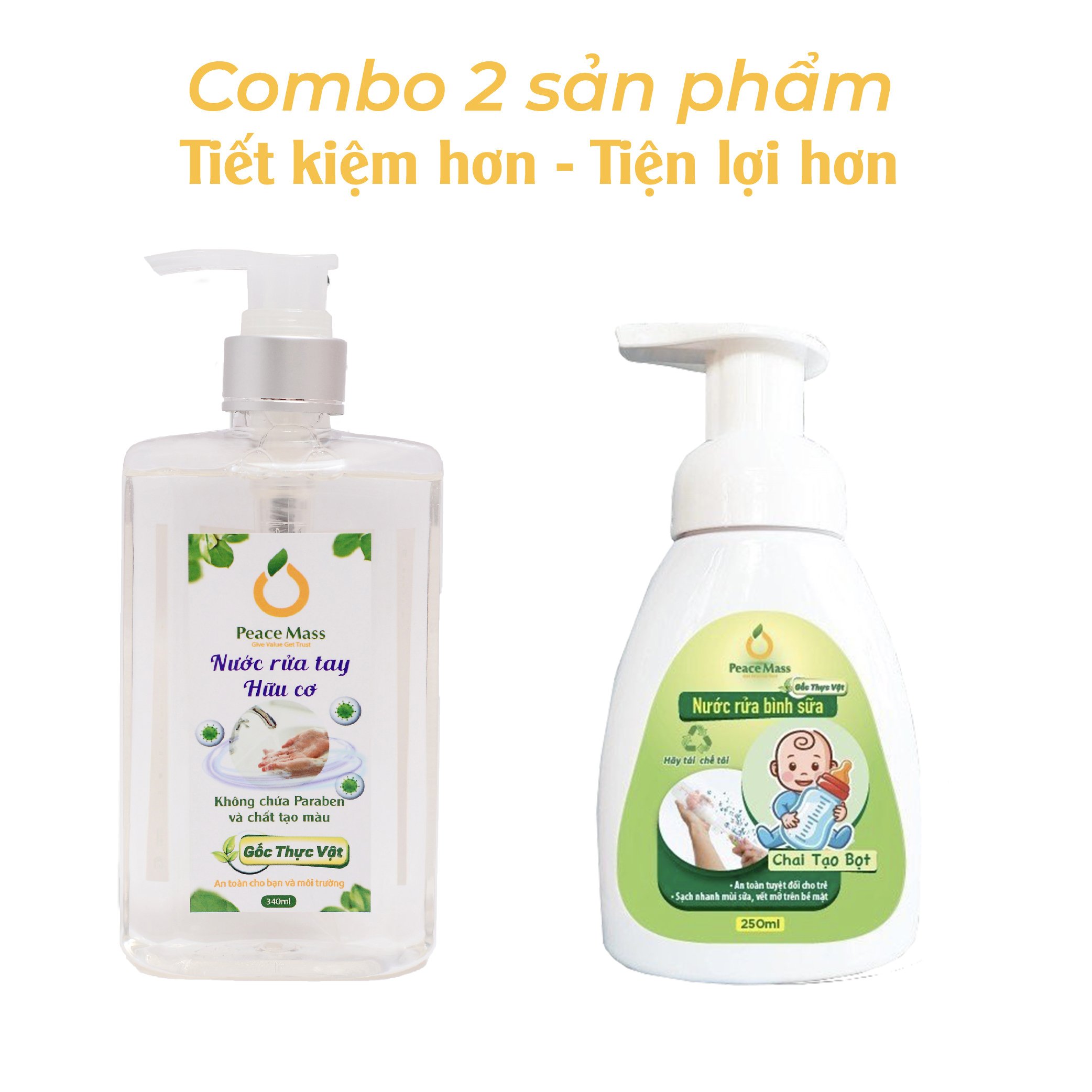 RBSC1 Combo Sản Phẩm Gốc Thực Vật Peace Mass Nước Rửa Bình Sữa 250ml (Chai tạo bọt) + Nước Rửa Tay 340ml