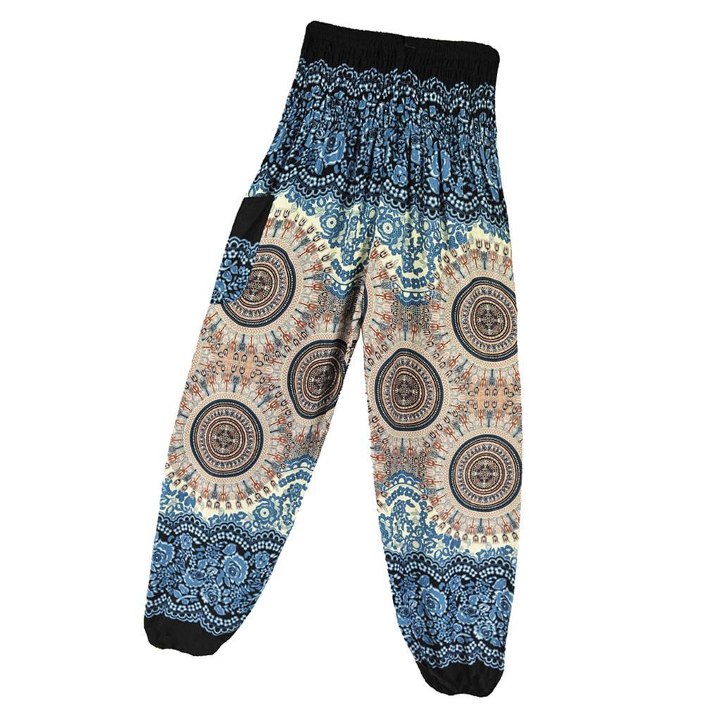 Women Smocked Waist Floral Rayon Yoga Boho Harem Pants, Breathable and White