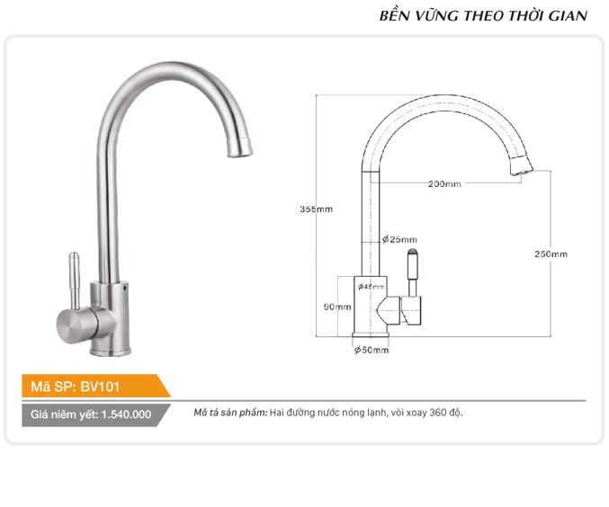 Vòi cố định cổ tròn xoay 360 độ nóng lạnh inox Tundo BV101 Boss 355*50*250 mm