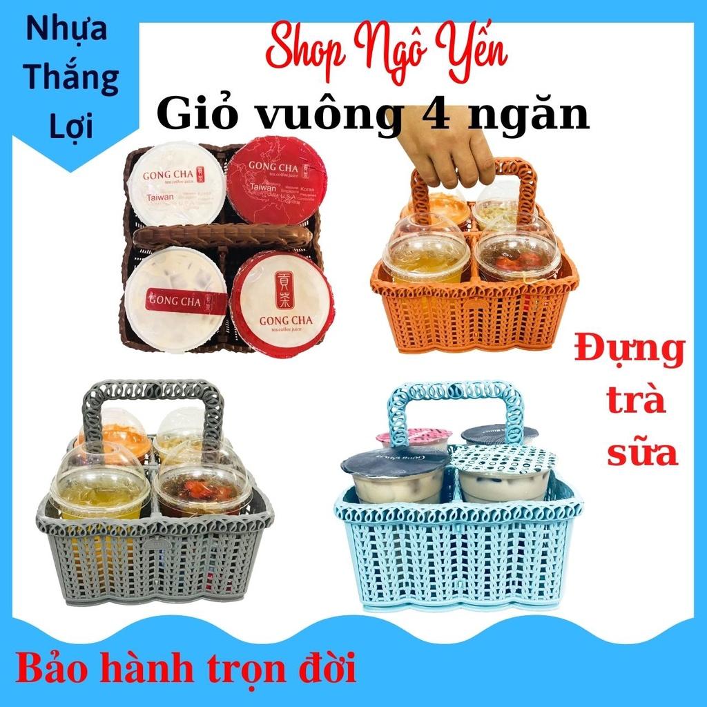 Giỏ nhựa vuông 4 ngăn rổ nhựa có quai xách đựng cafe, trà sữa mang đi, đựng hũ gia vị