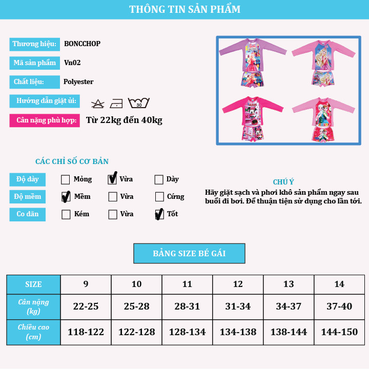 Đồ bơi bé gái dài tay size từ 22kg đến 40kg