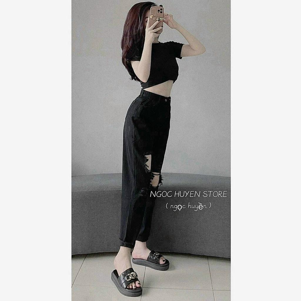 Quần slim baggy jean đen rách gối ô vuông - Quần boyfriend ống suông lưng cao quảng châu hàng sẵn