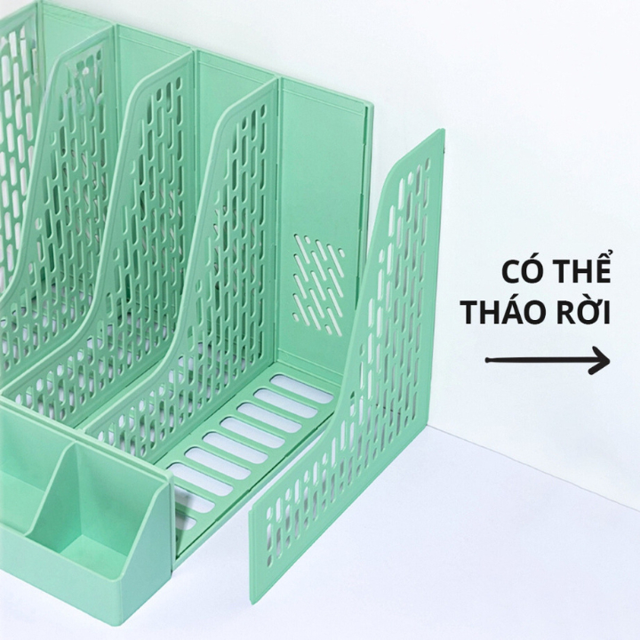 (Tặng Sticker) Kệ Đựng Tài Liệu Văn Phòng 4 Ngăn Kèm Khay Đựng Bút, Kệ Đựng Sách Vở Để Bàn Gấp Gọn