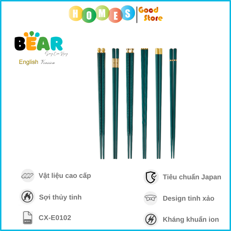 Bộ Đũa Ăn 6 Đôi Kháng Khuẩn Sợi Thủy Tinh Ion Bạc Cao Cấp BEAR CX-E0102, Thiết Kế 5 Đôi Khác Biệt - Hàng Chính Hãng