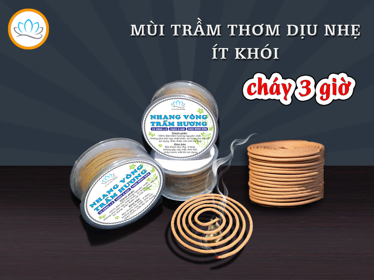 Nhang Vòng Trầm Hương Size Nhỏ, Mùi thơm dịu nhẹ, ít khói, cháy 3 tiếng, hộp 10 vòng đôi (tặng kèm chân đế đồng)