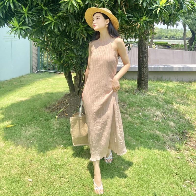 Đầm yếm maxi cột dây cổ màu hồng phấn sang trọng - Audrey studio