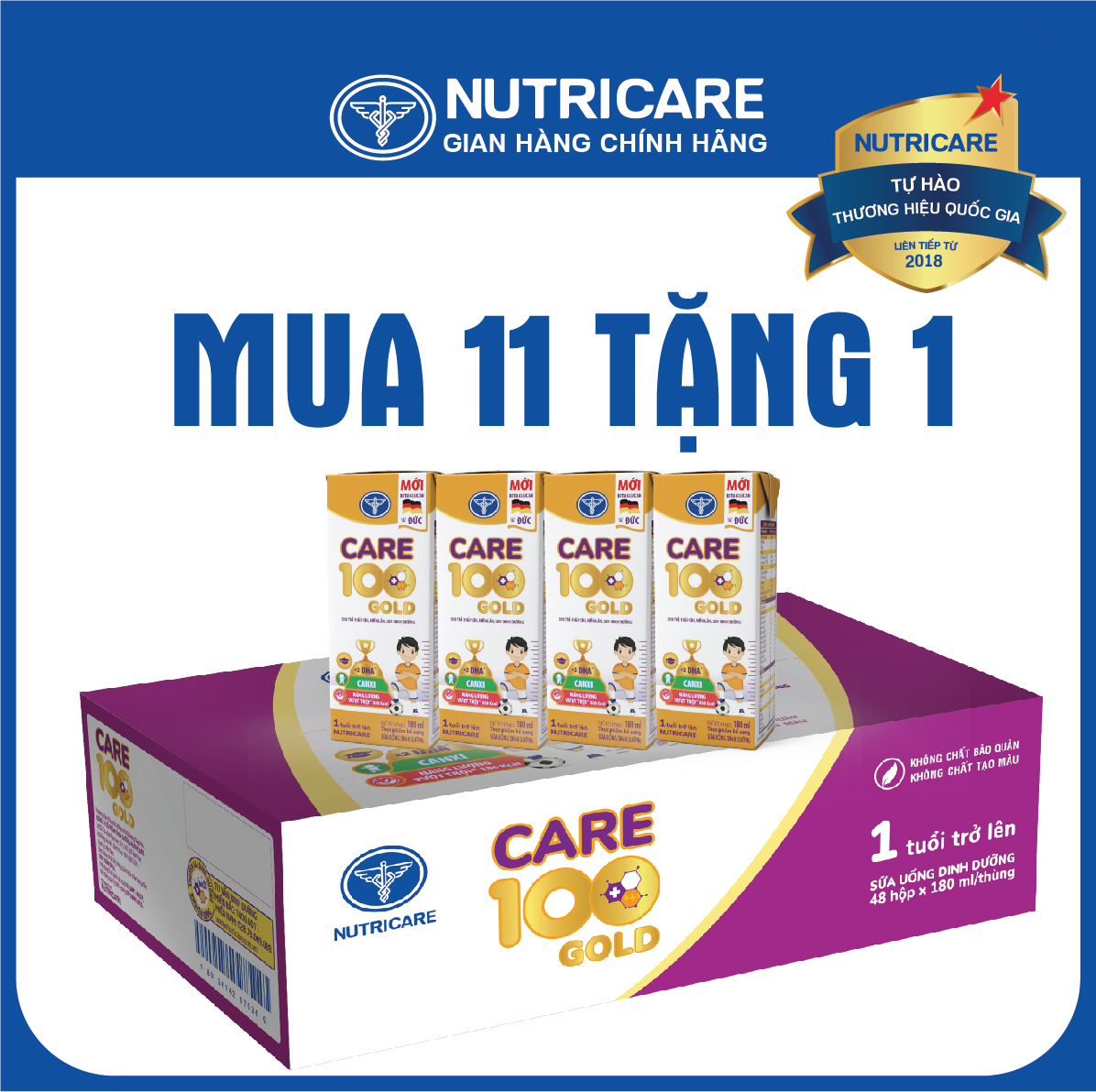 [Mua 11 lốc tặng 1] Sữa nước Nutricare Care 100 Gold cho trẻ thấp còi (180ml)