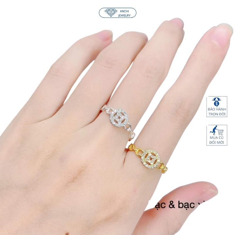 Nhẫn kim tiền chữ vạn đính đá bạc mạ vàng cho nữ, Anchi jewelry