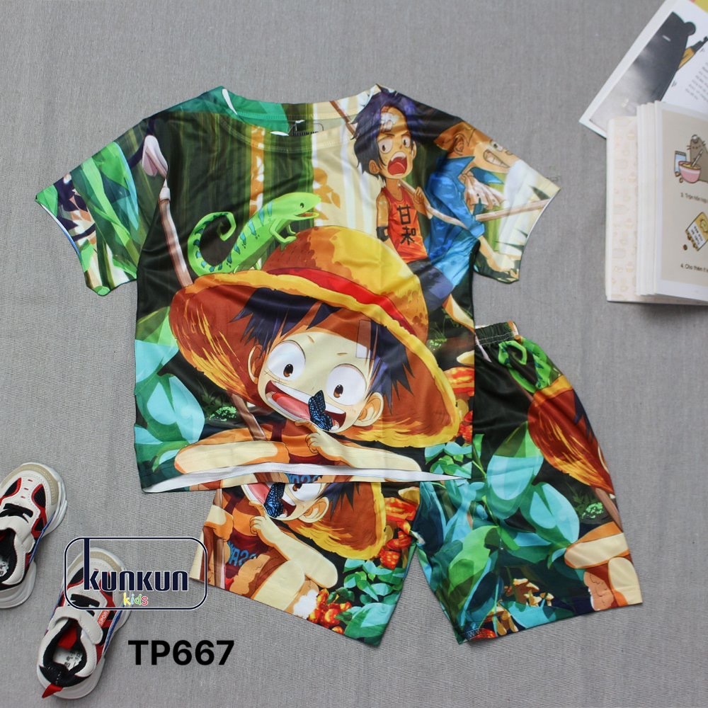 Quần áo bé trai Thun lạnh in 3d hình vua hải tặc KUNKUN KID TP436-1105-1124-667 - Đồ bộ trẻ em size đại từ 10 - 60kg