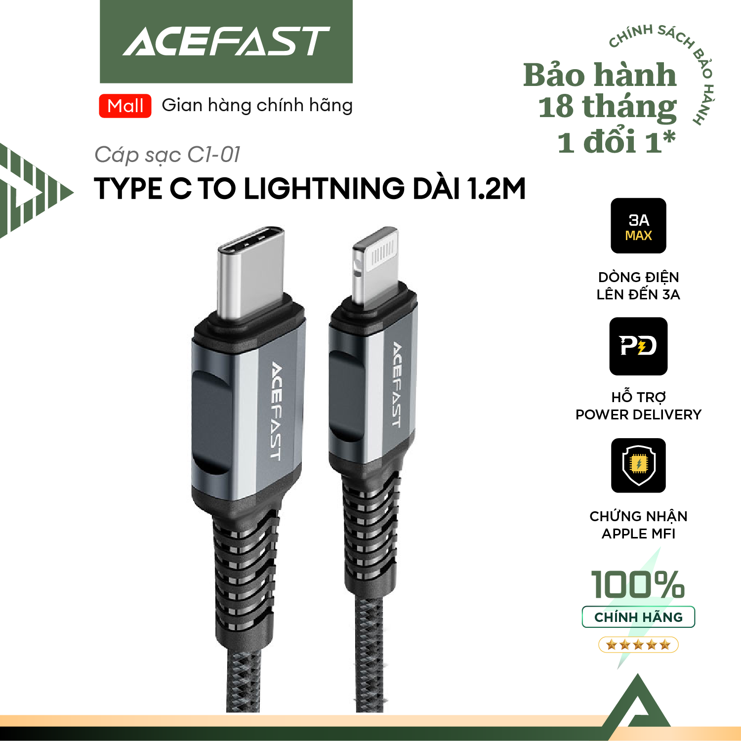 Cáp Acefast Type C to Light.ning (1.2m) - C1-01 Hàng chính hãng Acefast