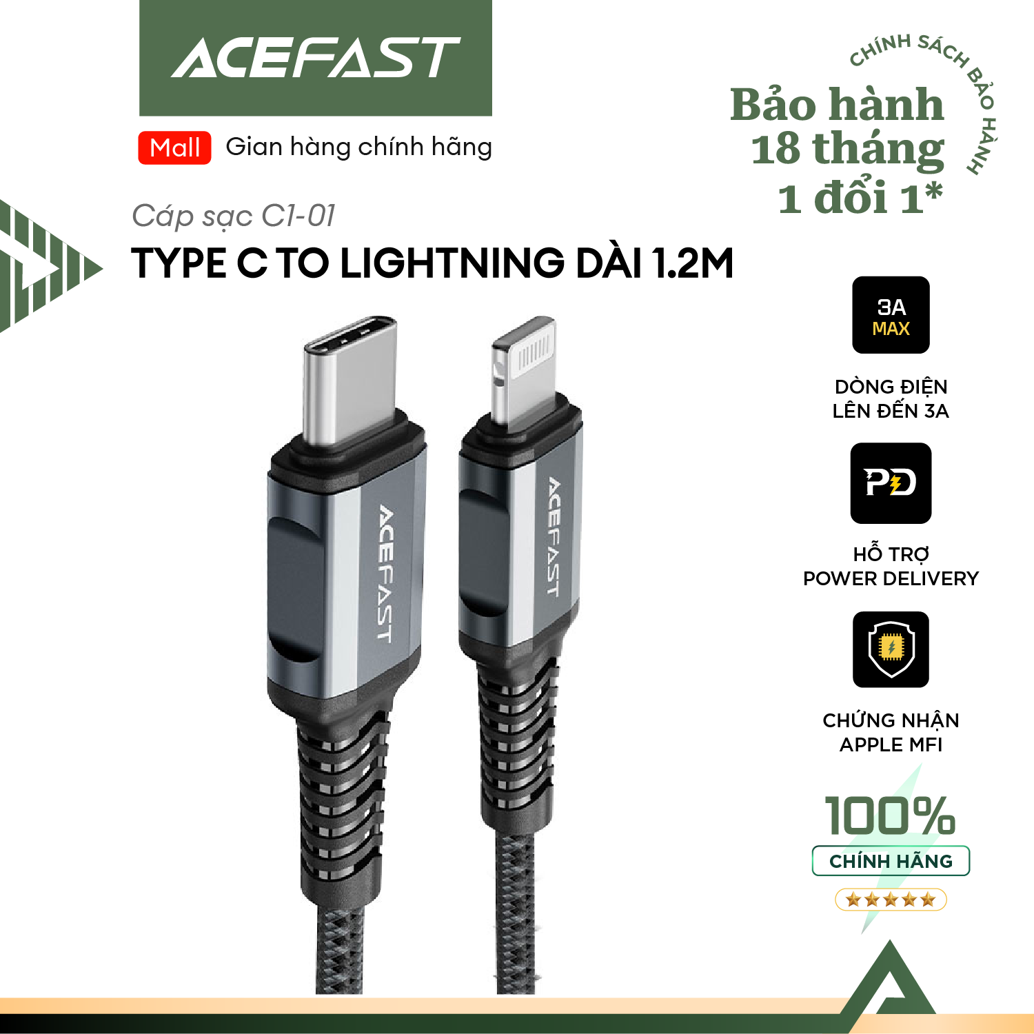 Cáp Acefast Type C to Light.ning - C1-01 Hàng chính hãng Acefast