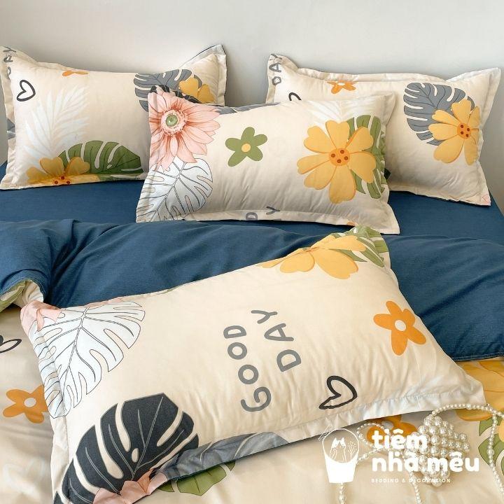 Bộ Chăn Ga Gối Cotton 80% m6/m8/2m - Full size Tiệm Nhà MêuSet 4 Món 2 Vỏ gối ,drap , vỏ chăn lá dứa vàng siêu bền