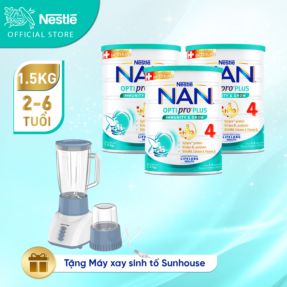 Bộ 3 lon Sữa bột Nestlé NAN OPTIPRO PLUS 4 1500g/lon với 5HMO Giúp tiêu hóa tốt - Tăng cường đề kháng (2 - 6 tuổi) + Tặng Máy xay sinh tố mẫu ngẫu nhiên