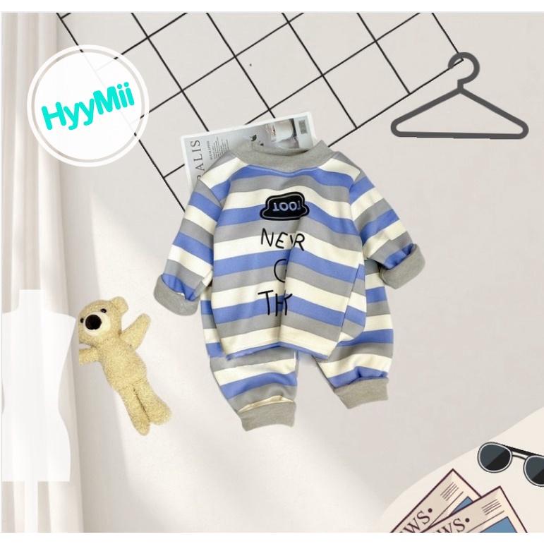 Bộ nỉ bông êm ấm cổ tròn tay dài kẻ phối màu in hình cute cho bé - H3 - Phối Hồng