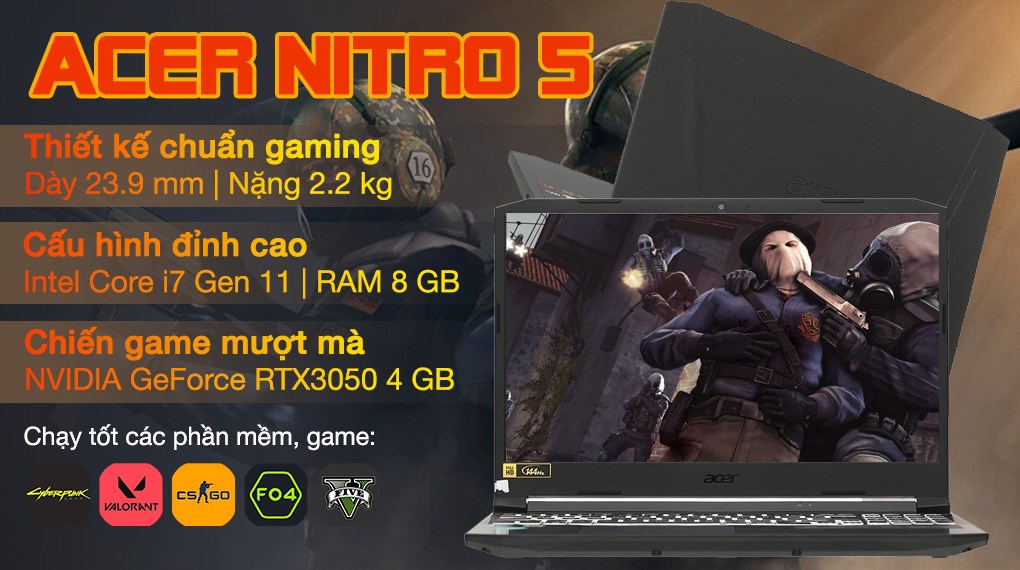 Acer Nitro AN515 57 71VV i7 11800H/8GB/512GB/4GB RTX3050/15.6"F/144Hz/Win11//Đen - Hàng chính hãng