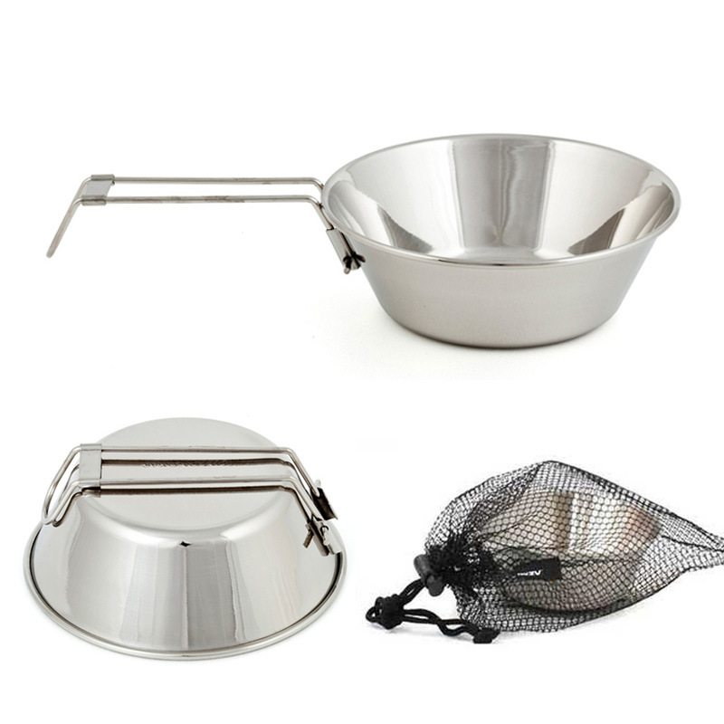 Bát gấp bằng thép không gỉ có túi đựng, Chén/tô gấp gọn di động bát cơm siêu nhẹ inox 304 cắm trại dã ngoại phượt