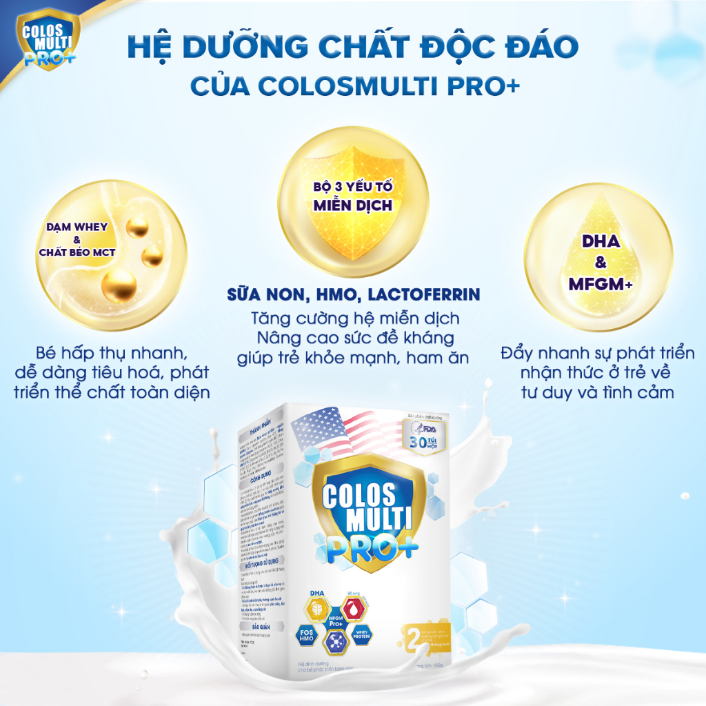 [ HỘP DÙNG THỬ] Sữa Bột Colosmulti Pro+ 2, 2 túi x 15g tăng cường hấp thu, miễn dịch, phát triển thể chất và nhận thức