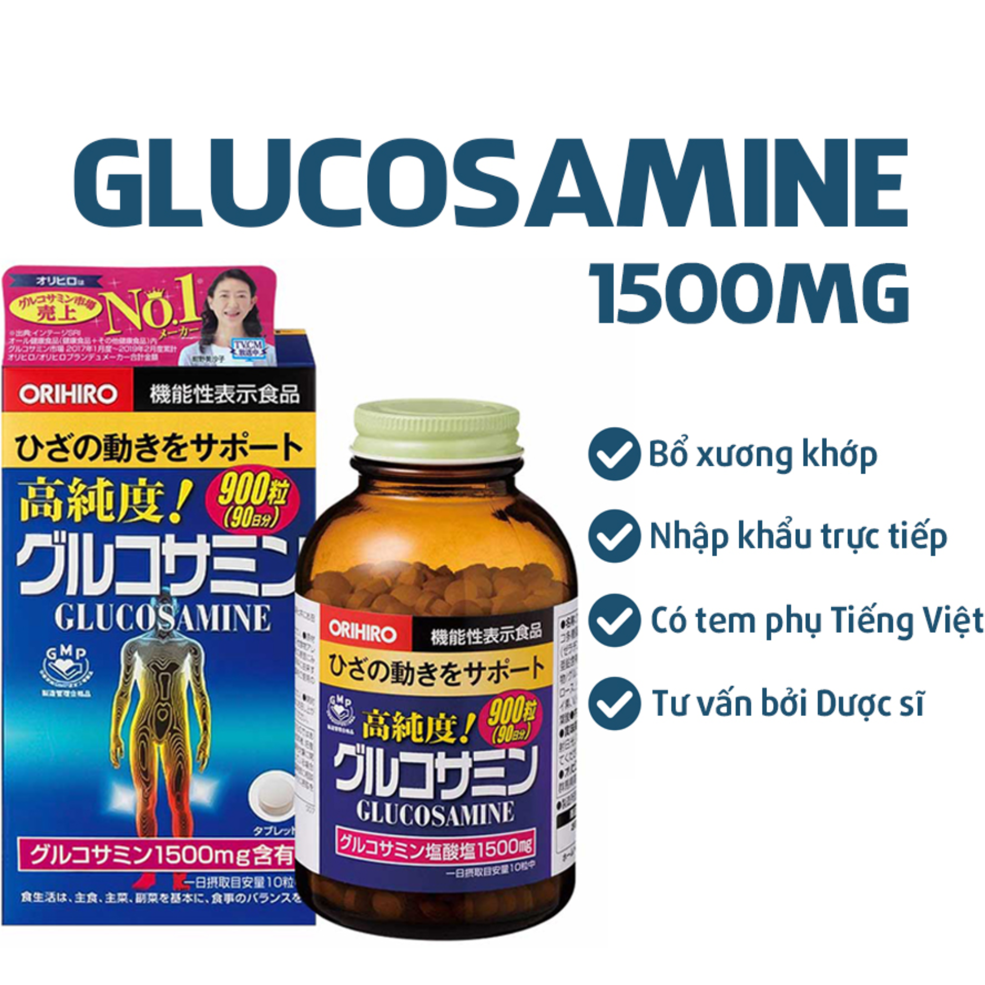 Thực phẩm chức năng viên uống bổ khớp, hỗ trợ trị đau nhức xương khớp Glucosamine Orihiro 1500mg Nhật bản