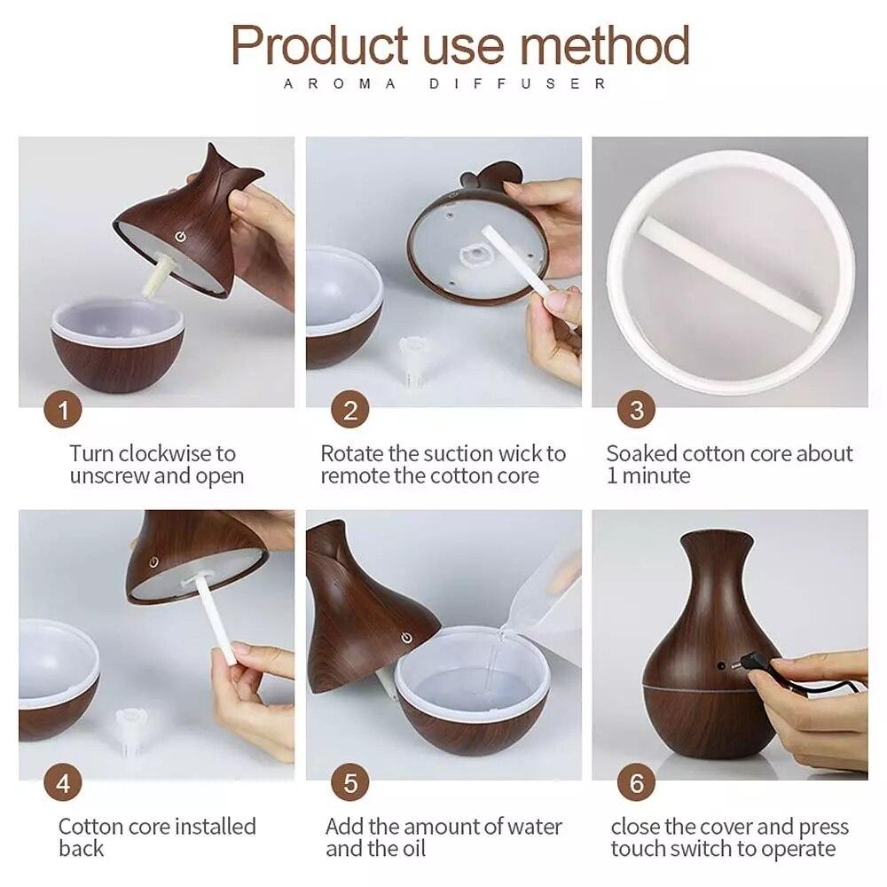 Máy tạo độ ẩm 130ml Máy khuếch tán tinh dầu bằng siêu âm Máy tạo ẩm không khí bằng gỗ có đầu sạc USB Máy tạo phun sương sương mini có đèn LED.