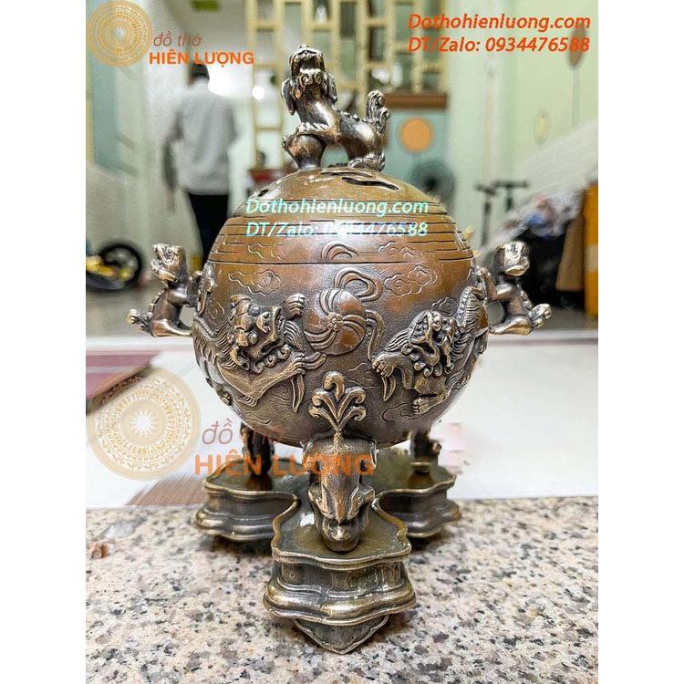 Lư Xông Trầm Nghê Vờn Cầu Bằng Đồng Hun Màu Nâu Giả Cổ Kích Thước 17x20cm, Nặng 1Kg Đẹp Tinh Xảo