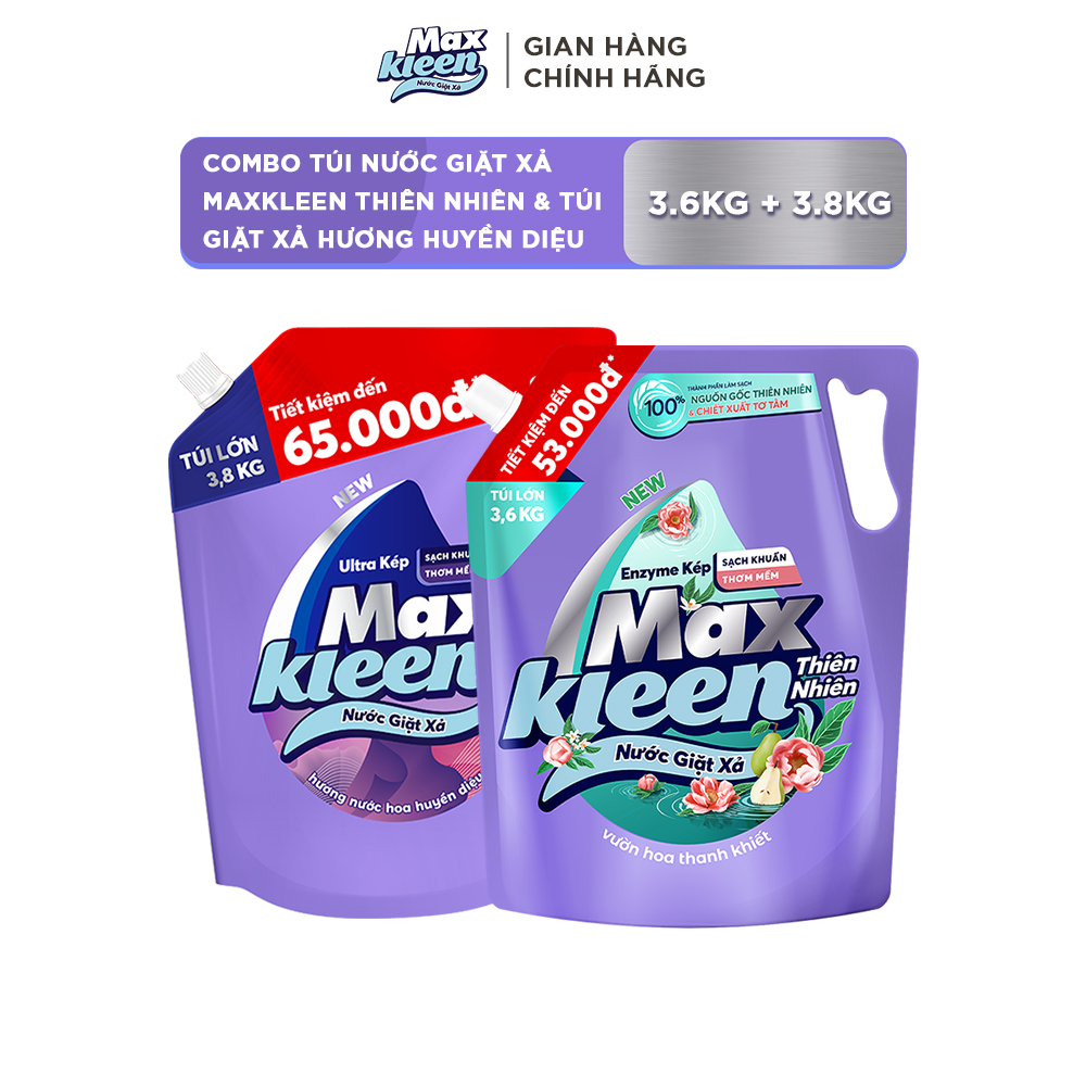 Combo Túi Nước Giặt Xả MaxKleen Thiên Nhiên 3.6kg + Túi Huyền Diệu 3.8kg