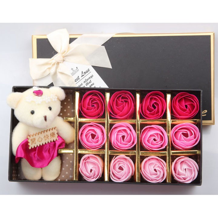 Hộp Hoa Hồng 12 Bông 3D Kèm Gấu Sweet Love Cực Đẹp