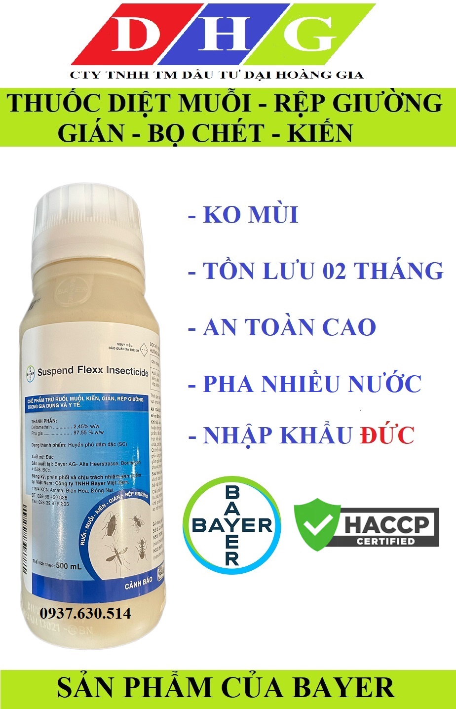 (Ko mùi-Hàng Bayer) Thuốc Suspend Flex chai 500ml diệt muỗi, gián, kiến, rệp giường... tồn lưu 02 tháng