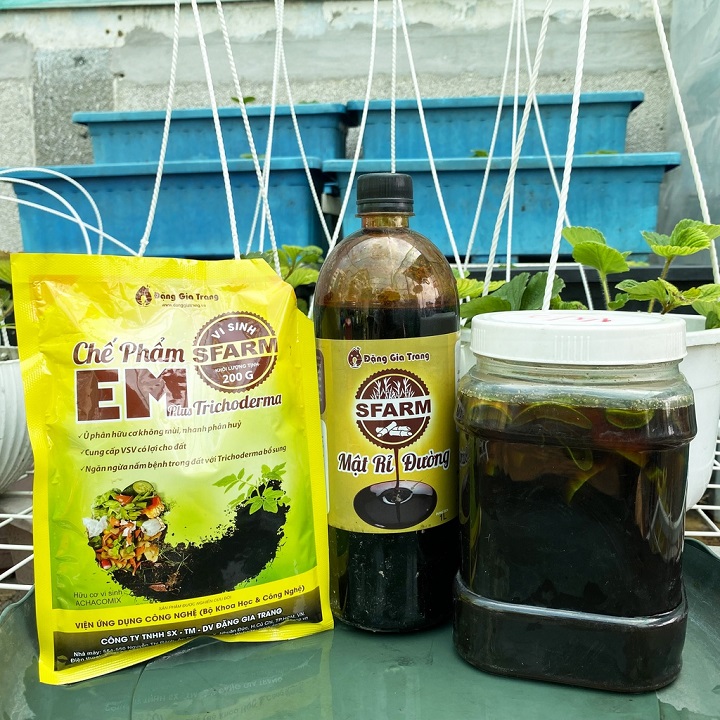 Combo 1 Túi Chế Phẩm EM Sfarm 200gr và 2 Chai Mật Rỉ Đường Sfarm 1lít - Cặp Đôi Ủ Rác Sinh Học Không Mùi