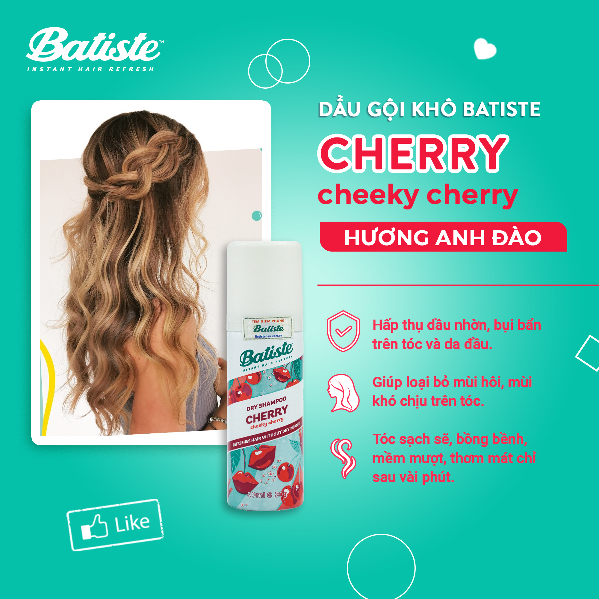 Dầu Gội Khô Hương Anh Đào - Batiste Dry Shampoo Fruity &amp; Cheeky Cherry 50ml