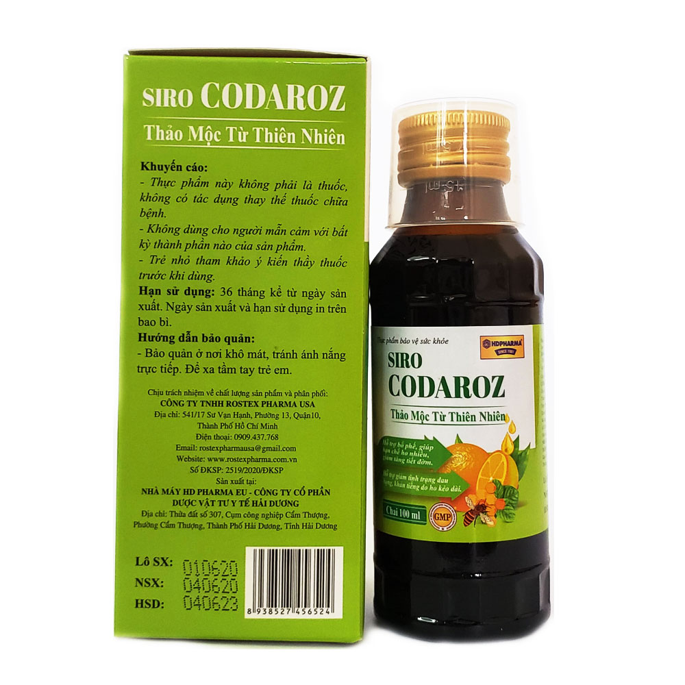 Siro Codaroz bổ phế, giảm ho long đờm, giảm đau rát họng, khản tiếng chai 100ml