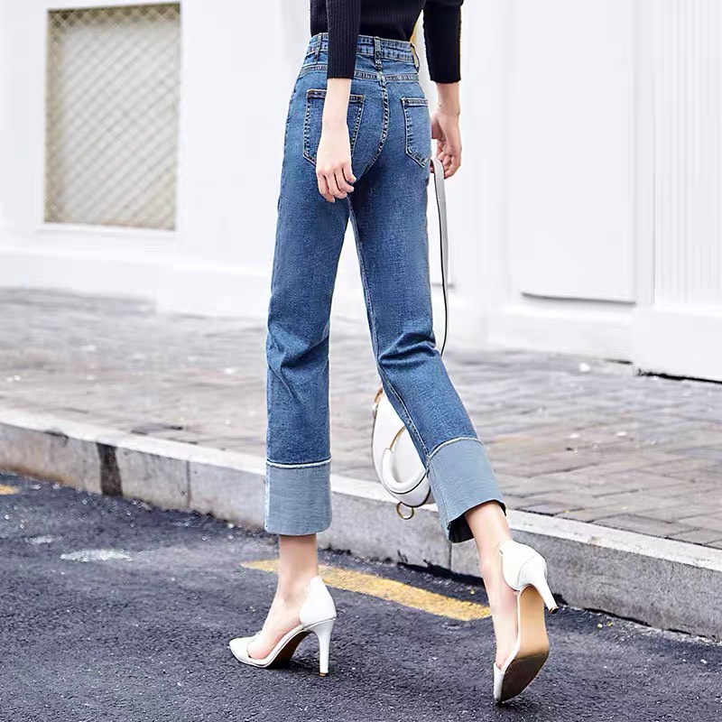 Quần jean nữ BIGSIZE ống suông rộng 9 tấc, lưng cao, co dãn mạnh, dành cho người béo 65kg~90kg 3507