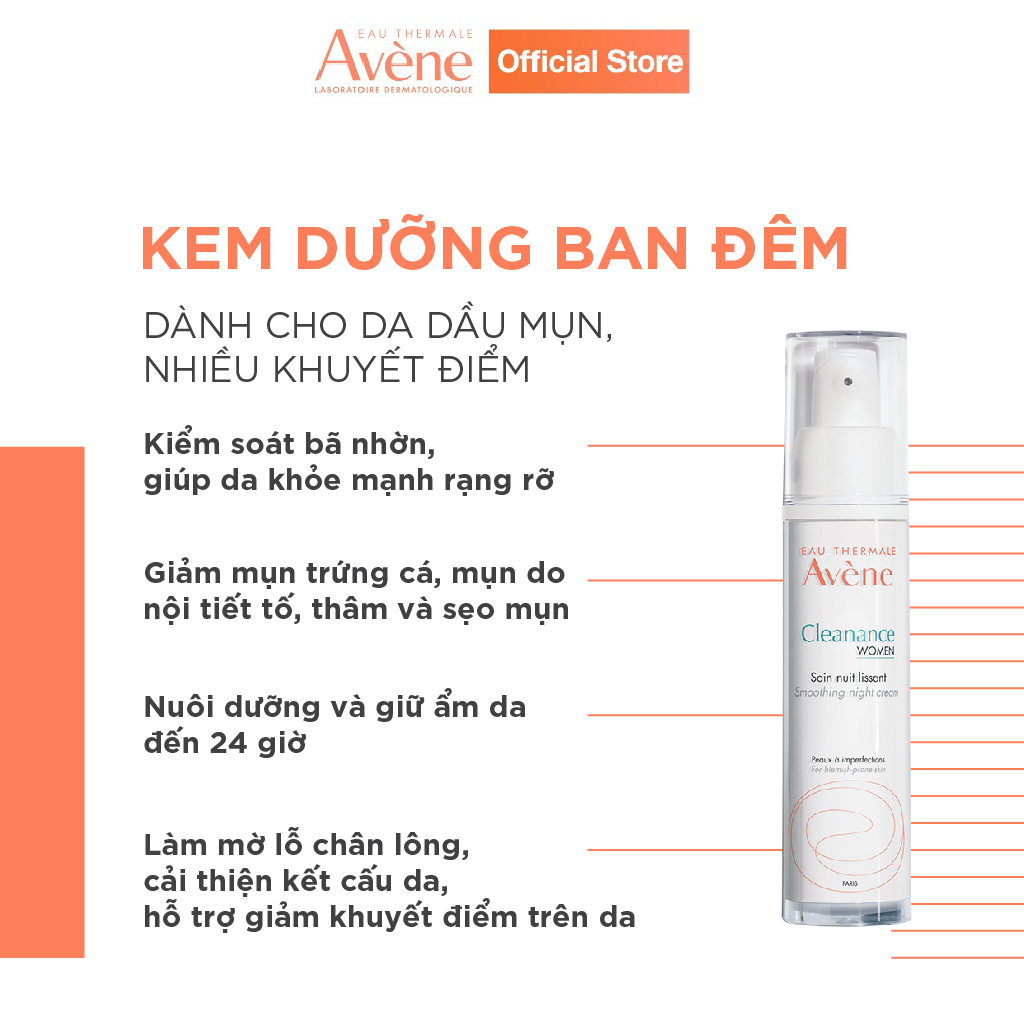 Kem dưỡng ban đêm giúp điều tiết bóng nhờn, giảm thâm và sẹo mụn AVÈNE WOMEN SMOOTHING NIGHT CREAM 30ml