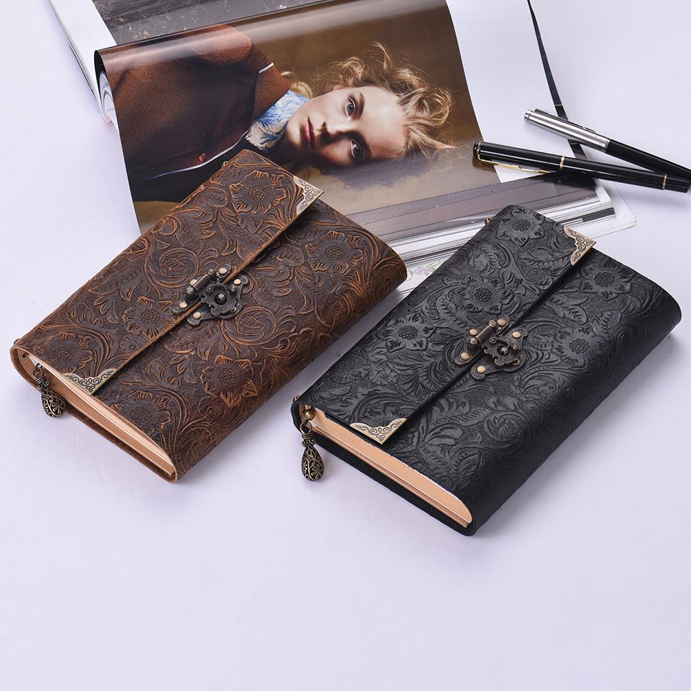 Handmade Embossed Pattern Soft Leather Journal Travel Notebook with lock and Key Diary Notepad Kraft Paper for Travelers