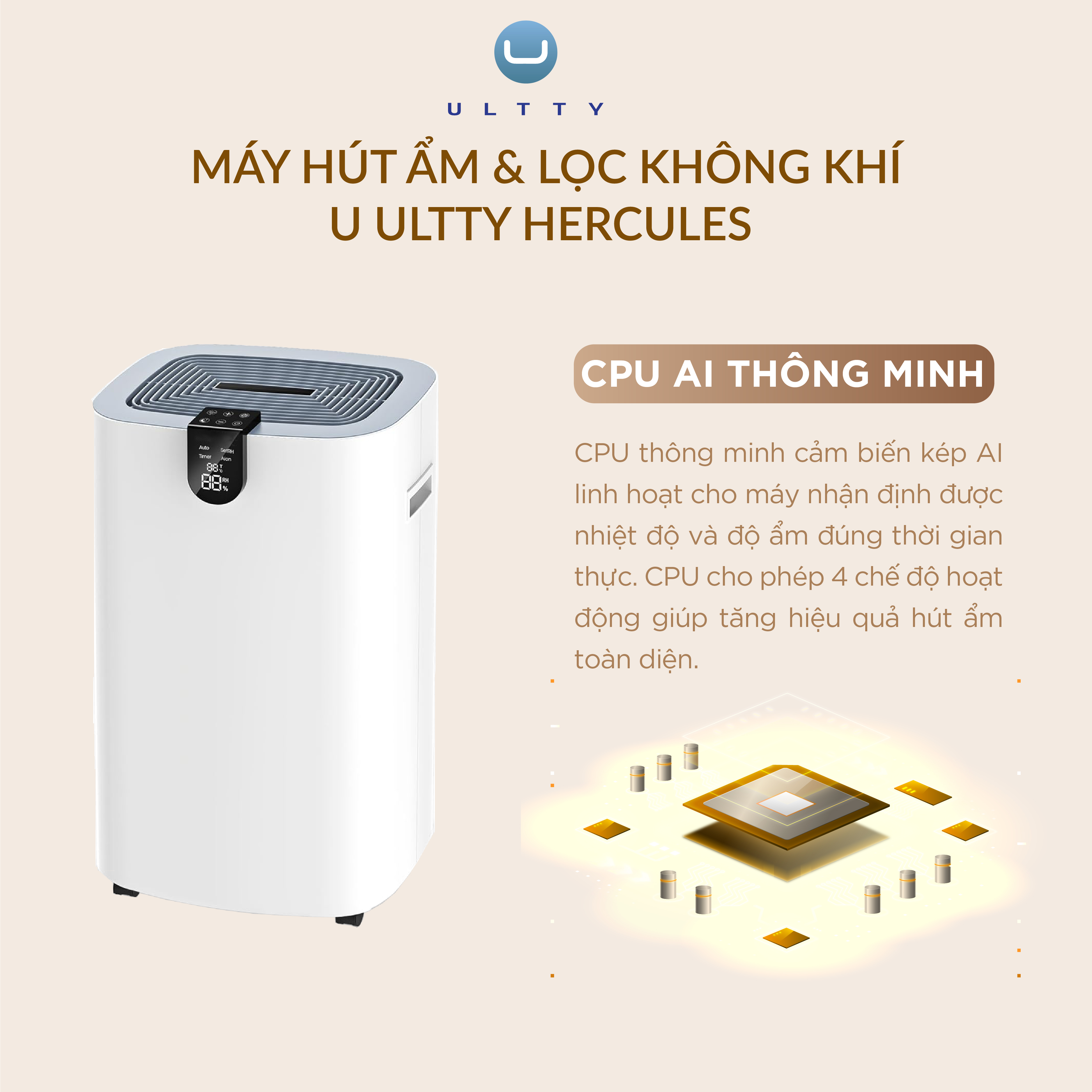 Máy Hút Ẩm &amp; Lọc Không Khí ULTTY HERCULES, Công nghệ lọc Cacbon + Plasmacluster ion, Bình chứa 5,5L, Hàng chính hãng bảo hành 2 năm