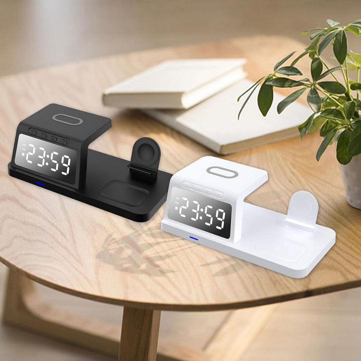 Đế Sạc Không Dây 4 In 1 Wireless Charing Station 15W Kiêm Đồng Hồ LED Báo Thức - Home Decor Furniture