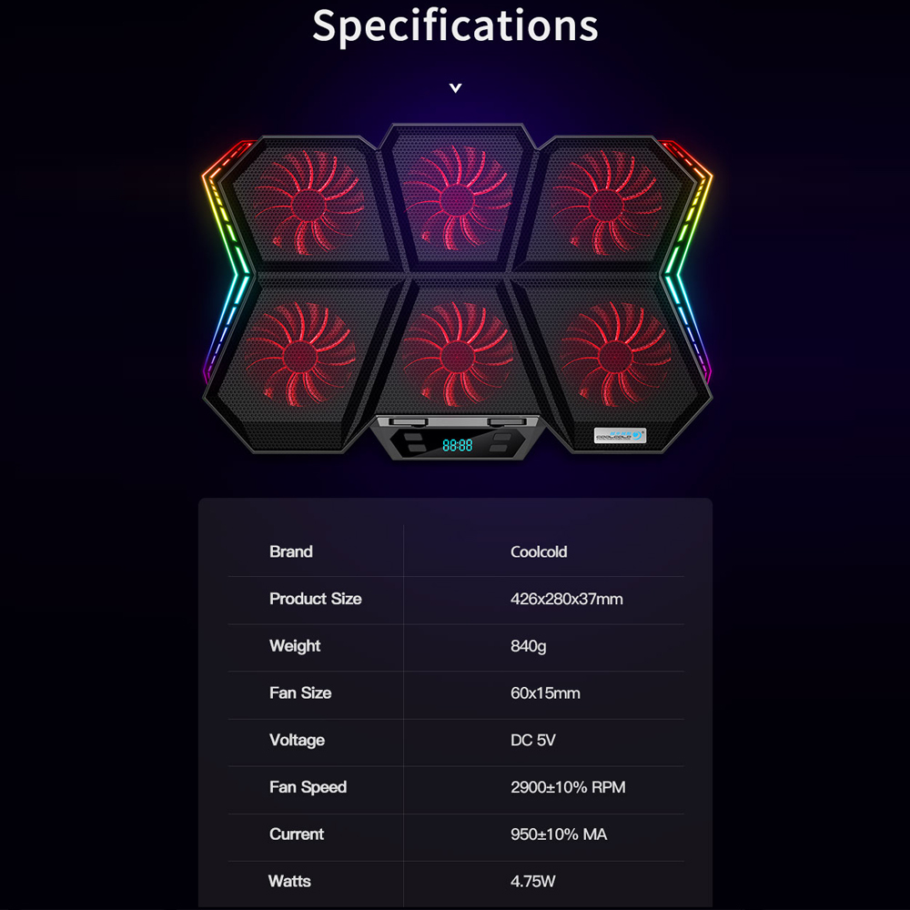 Máy làm mát máy tính xách tay COOLCOLD K40 RGB 6 quạt Thiết kế câm với chân đế có thể điều chỉnh được tốc độ gió Chiều cao ánh sáng đầy màu sắc