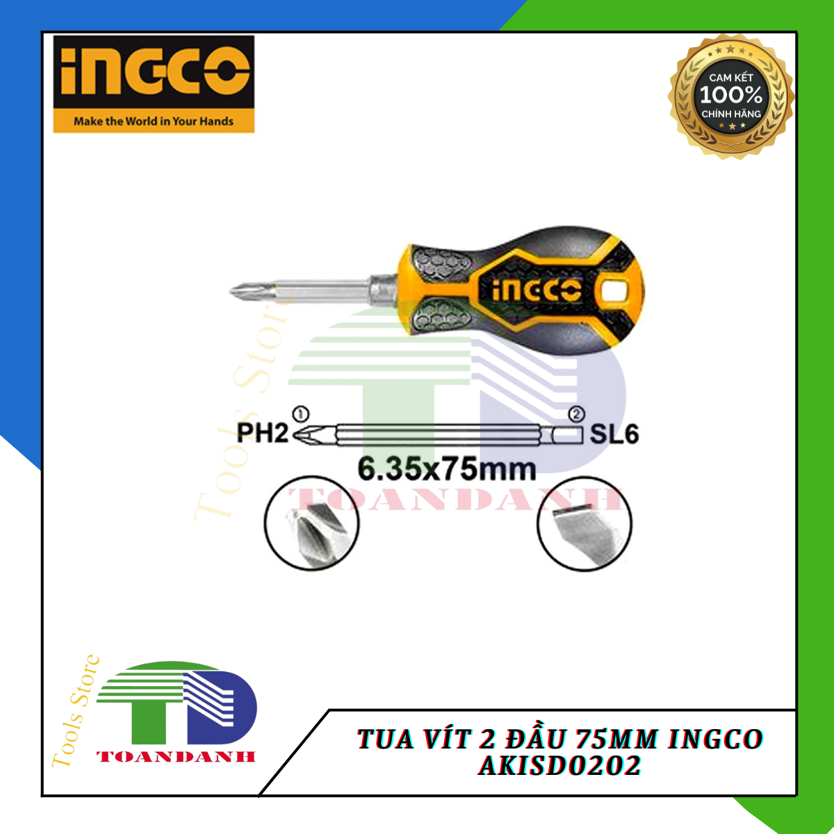 Tua vít 2 đầu 75mm ingco AKISD0202