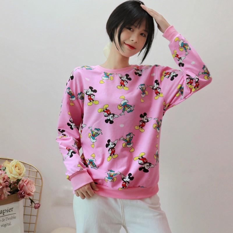 Áo Thun Tay Dài Cổ Tròn Dáng Rộng In Họa Tiết Hoạt Hình Xinh Xắn Cho Nữ